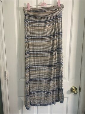 Max Edition Beige and Blue Striped Fold-Over Waist Maxi Skirt